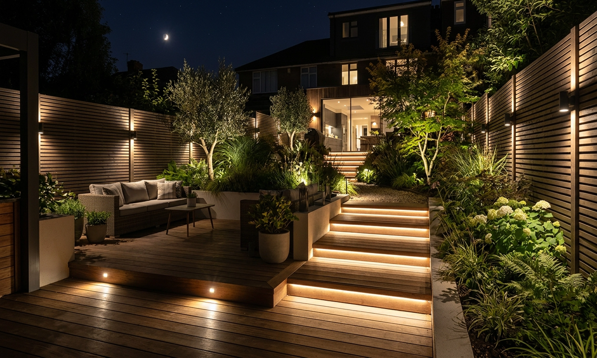 A landscaped garden at night lit by Wise Box — illuminated deck steps, wall lights and planting
