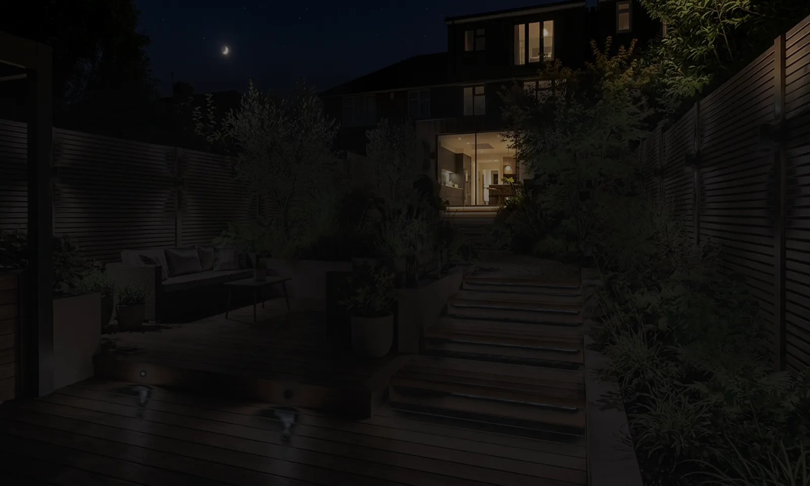 Contemporary garden at night with all lighting circuits off