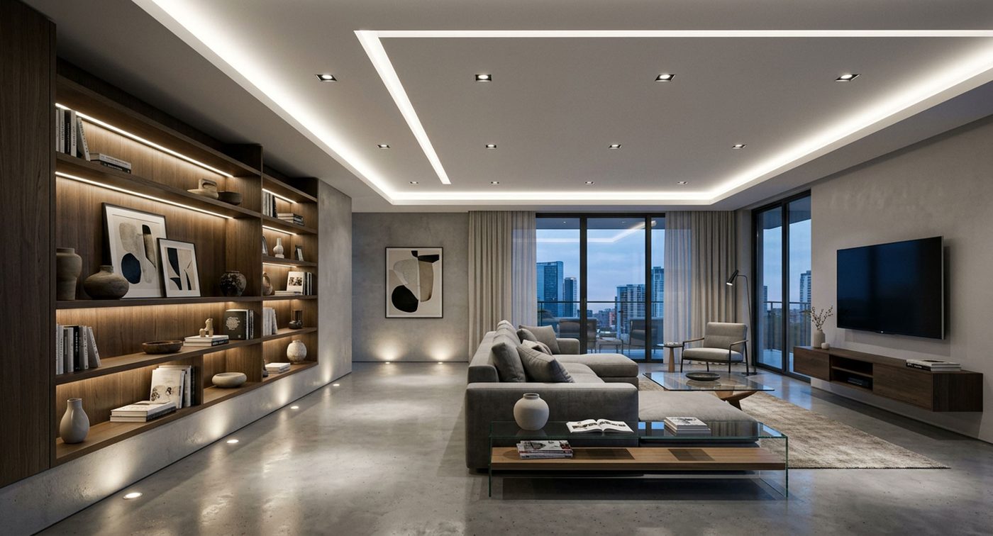 Modern living room with LED strip and downlighting