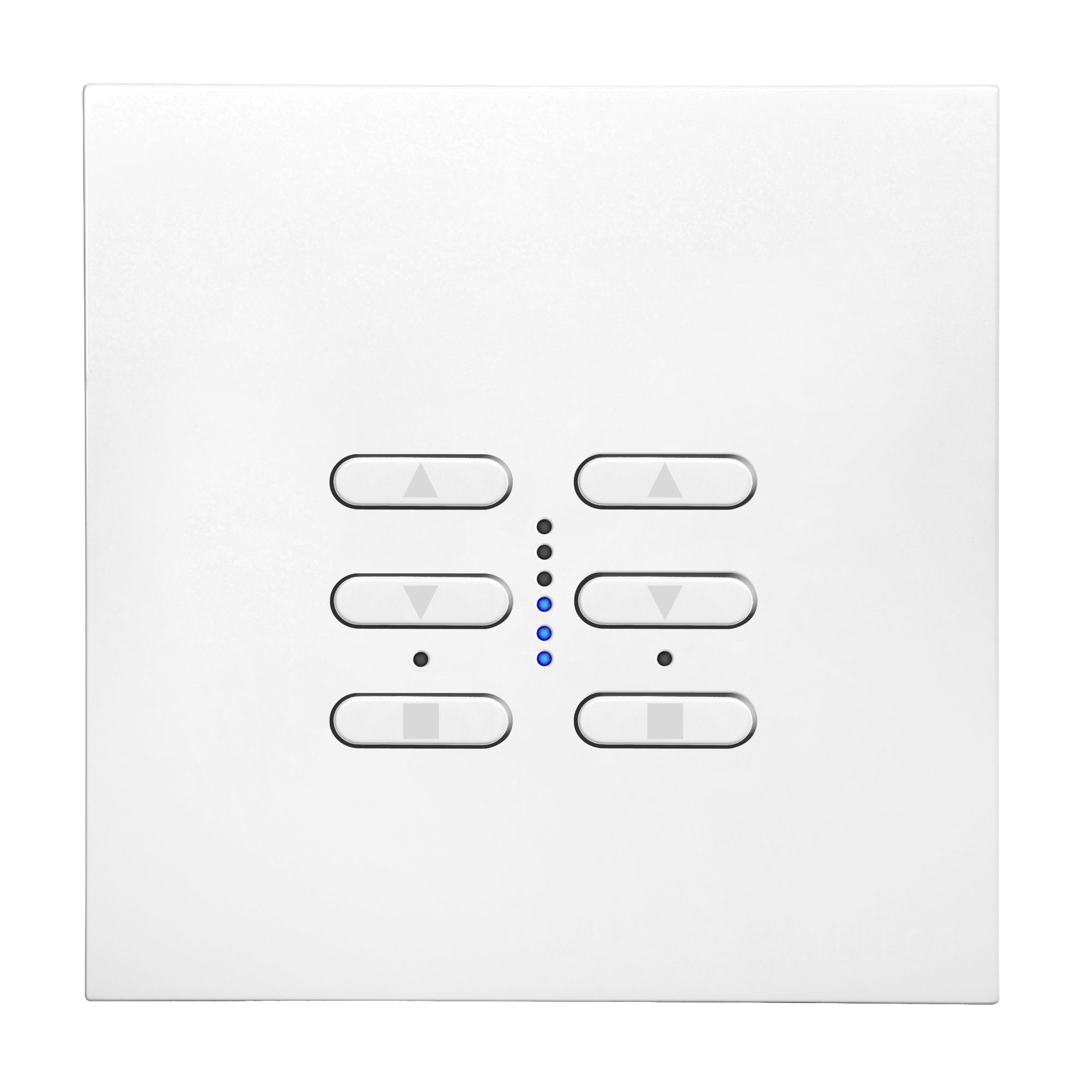 Wise Fusion wired master dimmer — two gangs of dim up, dim down and on/off, with a centre level bar