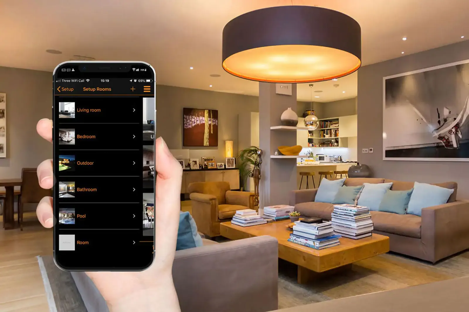 The Wise Daisy app on a phone, room setup screen with living room in the background